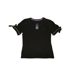 Tommy Hilfiger Womens MED Black Puff Sleeve Top Gold Trim Tie Cuff Crew Neck NWT